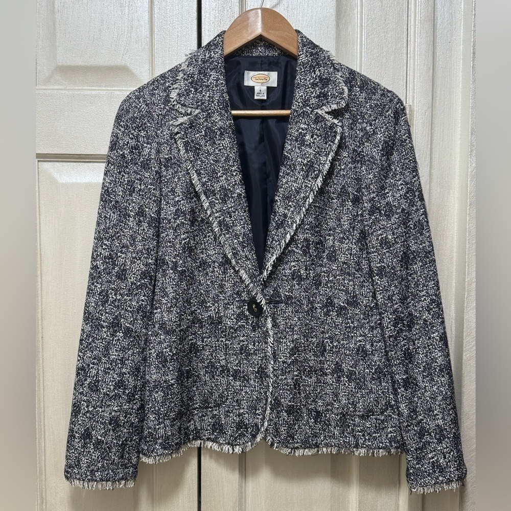 Talbots Women Size 4 Navy Blue White Boucle Tweed Fringe One Button Blazer